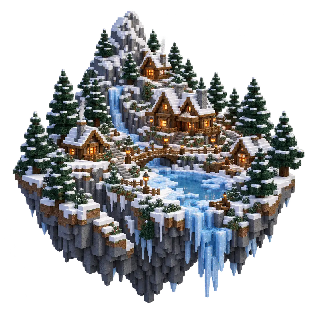 Illustration of a snowy voxel settlement with timber cabins, spruce trees and an icy waterfall.